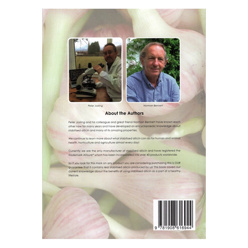 Stabilised Allicin book back cover with images of two authors and text about them, with a blurred background.