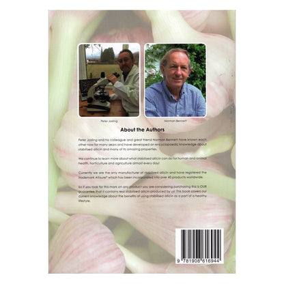 Stabilised Allicin book back cover with images of two authors and text about them, with a blurred background.