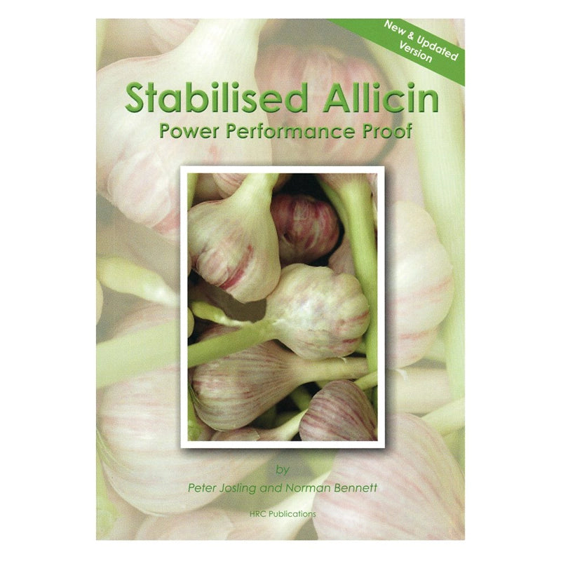 Book cover of 'Stabilised Allicin' with garlic bulbs on a green background